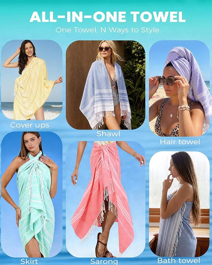 2 Packs Turkish Beach Towels Quick Dry Sand Free Soft Absorbent Extra Large Xl Big Blanket Adult Oversized Bath Towel Lightweight Thin Sandless Fast Drying Compact No Sand Packable Vacation Essentials