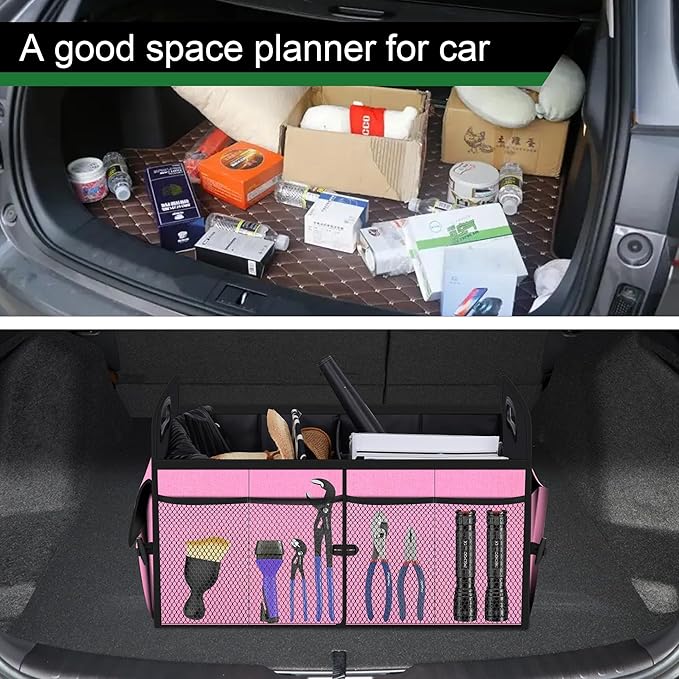 Femuar Car Trunk Organizer,Car Storage Organizer with 72L Large Capacity Waterproof Collapsible and 11 Pockets,Trunk Organizer for Car Suv/Jeep/Sedan, Large Size, Pink
