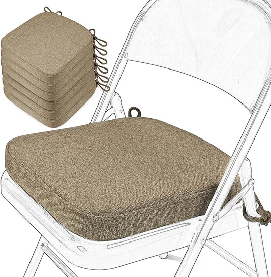 SINOSSO Memory Foam Chair Cushions for Folding Chairs 6 Pack, Thickened 2" Square Pads with Ties for Kitchen Chairs, Indoor Non-Slip Dining Chair Seat Cushions (6 Pcs,Linen)