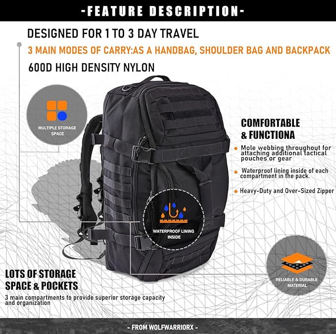 Travel Duffle Bag Backpack for Men - Large Tactical Bags Weekender Gym Bag for Overnight Traveling Military Workout Deployment Sports (Black, 80L)