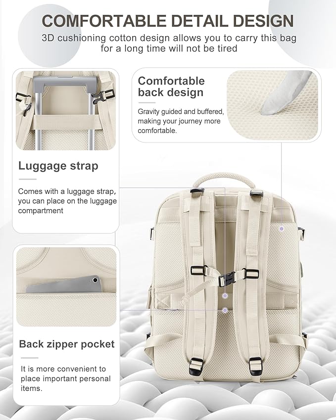 coowoz Large Travel Backpack Carry On for Women Man Gym Backpacks with Laptop Compartment Mochila de Viaje Teacher Personal Item Backpack Rucksack Airplane Accessories Must Haves Beige