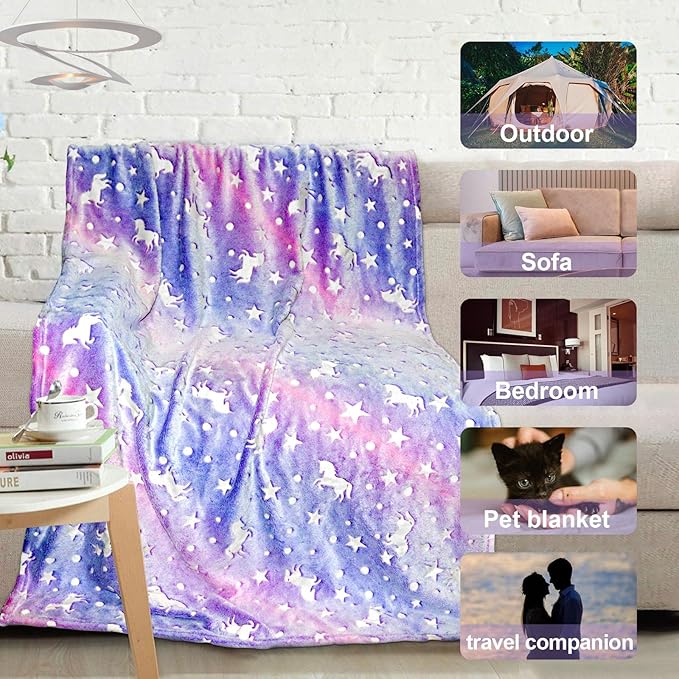 TEHALK Unicorn Glow in The Dark Blanket, Unicorn Blanket for Girls/Kids, Unicorns Gifts for Girls Age 3-12, Toddler Blanket for Kids, Soft Fleece Blanket Throw Birthday Gift 40"x60" (Pack of 2)
