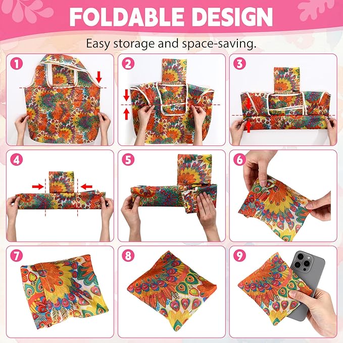 Paterr 50 Pack Reusable Foldable Grocery Bags 10 Patterns Bulk Shopping Totes Pocket Size Bags for Supermarket