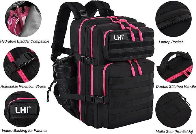 LHI Military Tactical Backpack for Men and Women 45L Army 3 Days Assault Pack Bag Large Rucksack with Molle System - Black with red zipper