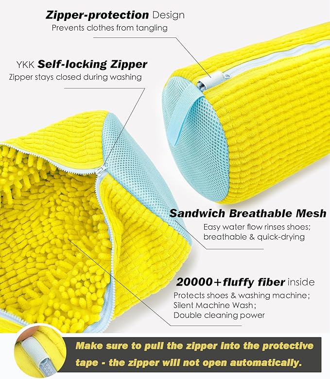 Shoe Washing Machine Bag,Laundry Shoe Bag for Washer and Dryer,Reusable Shoe Cleaning Bag for Sneakers,Tennis Shoes,With Self-locking Zipper, Microfiber Inside,Include Shoe Bag (Pro Yellow - 1 Pack)