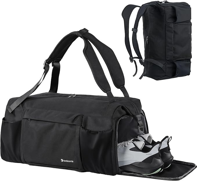 Small Gym Bag for Men with Shoes Compartment and Wet Pocket Convertible Duffle Bag and Gym Backpack Waterproof Sports Bag with 2 Bottle Holders Weekender Overnight Bag - Black