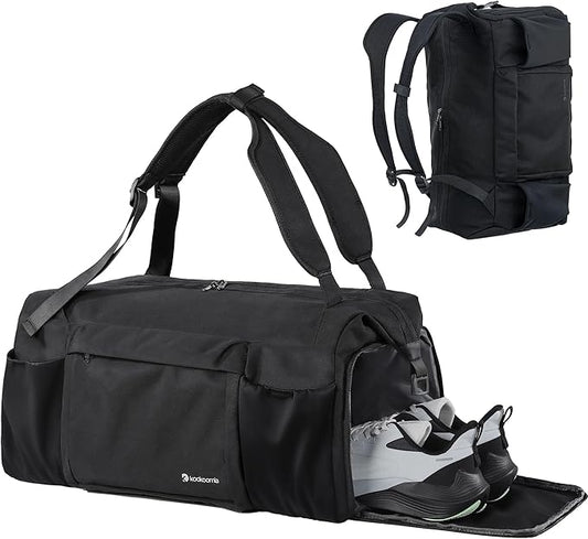 Small Gym Bag for Men with Shoes Compartment and Wet Pocket Convertible Duffle Bag and Gym Backpack Waterproof Sports Bag with 2 Bottle Holders Weekender Overnight Bag - Black