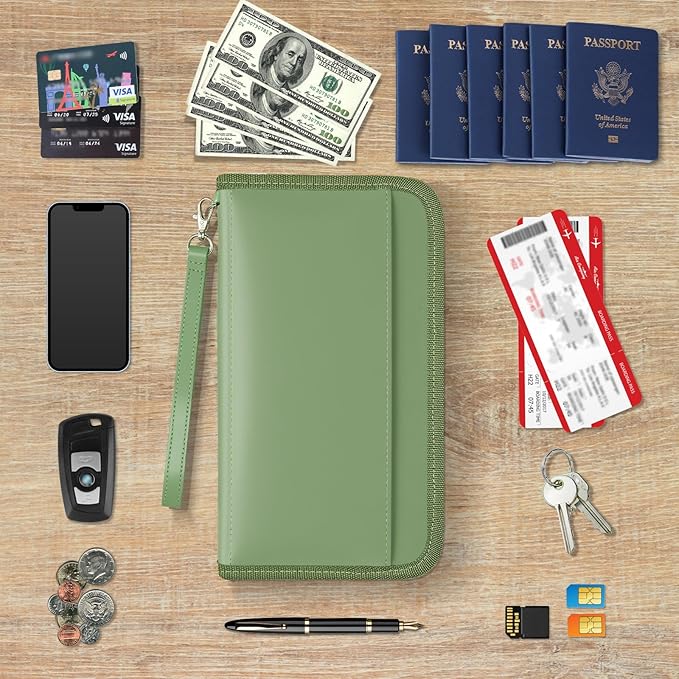 GOAUS Passport Holder with AirTag Slot, PU Leather Travel Document Organizer, Multiple RFID Blocking Wallet for Family of 4 to 6 Green