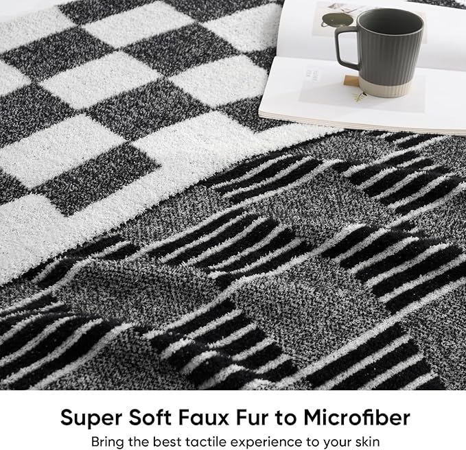 Snuggle Sac Checkered Throw Blanket, Black Fluffy Faux Fur Reversible Soft Microfiber Warm Throw Blankets for Couch,Sofa,Travel,Cozy Lightweight Striped Blankets for Women,Heather Black,50x60 inches