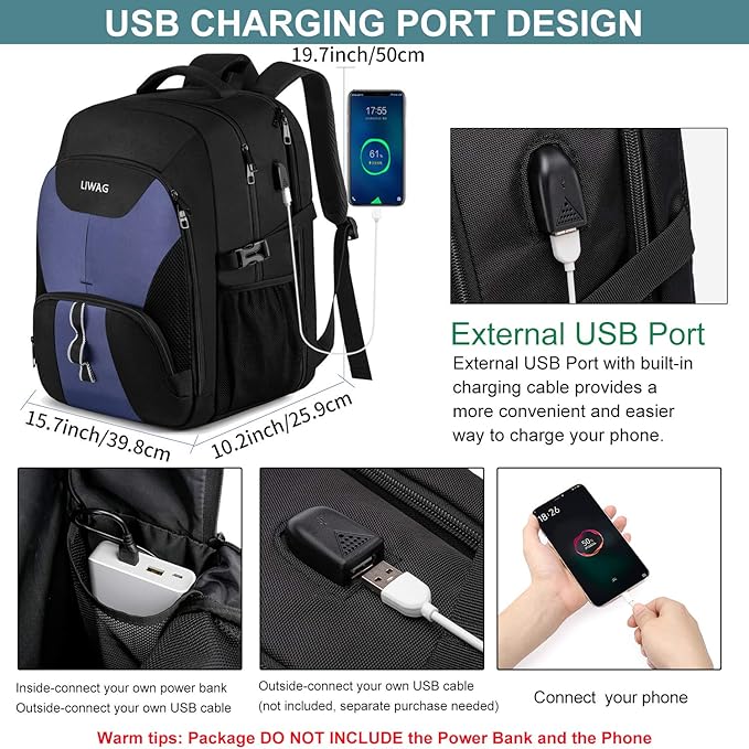 LIWAG Extra Large Business Travel Backpack, Anti Theft Water Resistant College Backpack Computer Bag Fits 17.3Inch Laptop Notebook, Blue