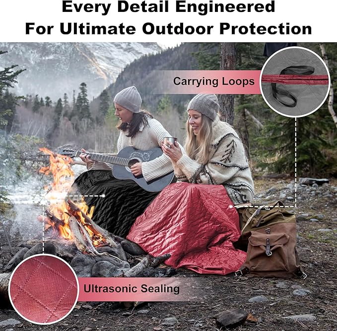 Waterproof Outdoor Blanket 82”X 55” Packable, Stadium Blankets for Camping with Quilted Fleece Lining, Large Windproof Emergency Throw Mat for Garss Picnic Hiking Road Trip, Machine Washable, Wine
