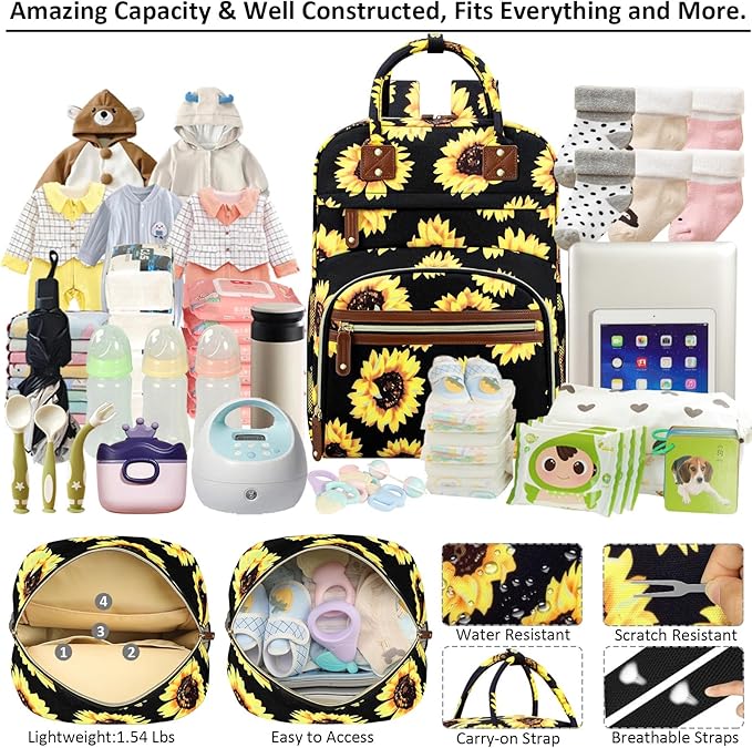 Diaper Bag Backpack Tote for Women Large Capacity, Baby Bag with Insulated Pockets Multifunctional Diaper Bags For Baby Girl Boy Waterproof Baby Bags For Boys Girls Mama Maternity Bag Sunflower