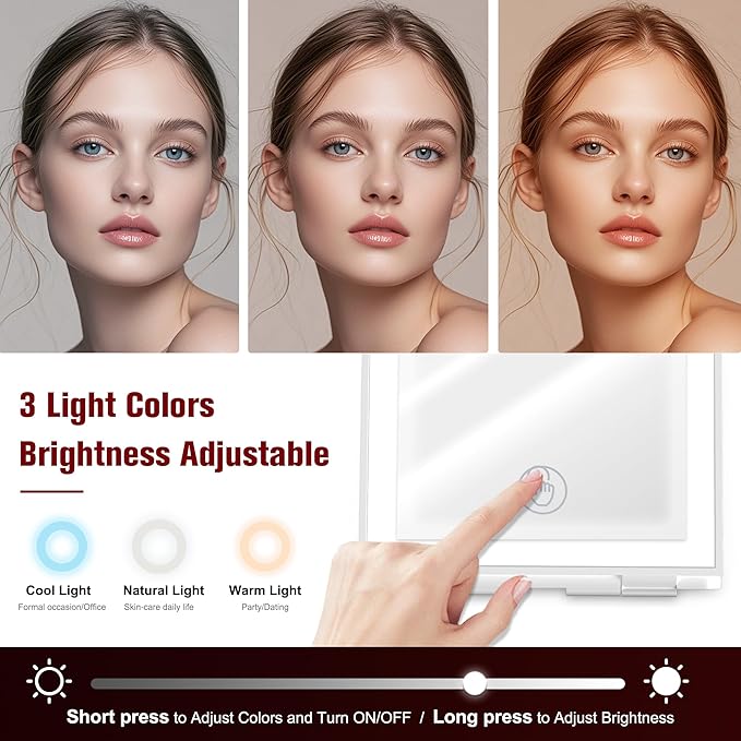Travel Makeup Mirror with Lights Valentines Day Gifts for Her, Girlfriend, Wife, Birthday Gifts Rechargeable Portable Folding Compact LED Mirror Set with Tweezer 3 Color Light Modes