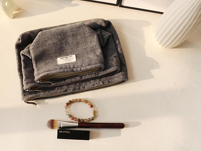 HAPPYHEIDI Large Gray Velvet Makeup Bag with Compartment Cosmetic Toiletry Travel Pouch,Purse Accessory Organizer, Canvas Lined