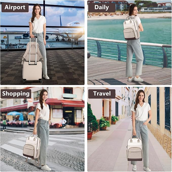 Laptop Backpack for Women Work Bag - 15.6 inch Travel Backpack Purse with USB Charger College Bookbag Waterproof Cute Casual Daypack Fashion Business Computer Backpacks for Teacher Nurse Beige Nude