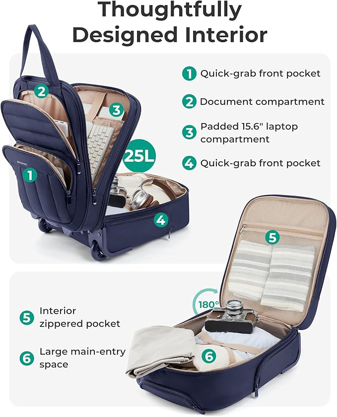 BAGSMART Small Underseat Carry on Luggage with Wheels, 16 inch Small Under Seat Luggage, Lightweight Travel Suitcase for Women, Navy Blue