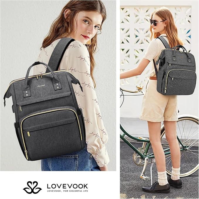 LOVEVOOK Laptop Backpack for Women,18 Inch Professional Womens Travel Backpack Purse Computer Laptop Bag Nurse Teacher Backpack,Waterproof College Work Bags Carry on Back Pack with USB Port,Dark Grey
