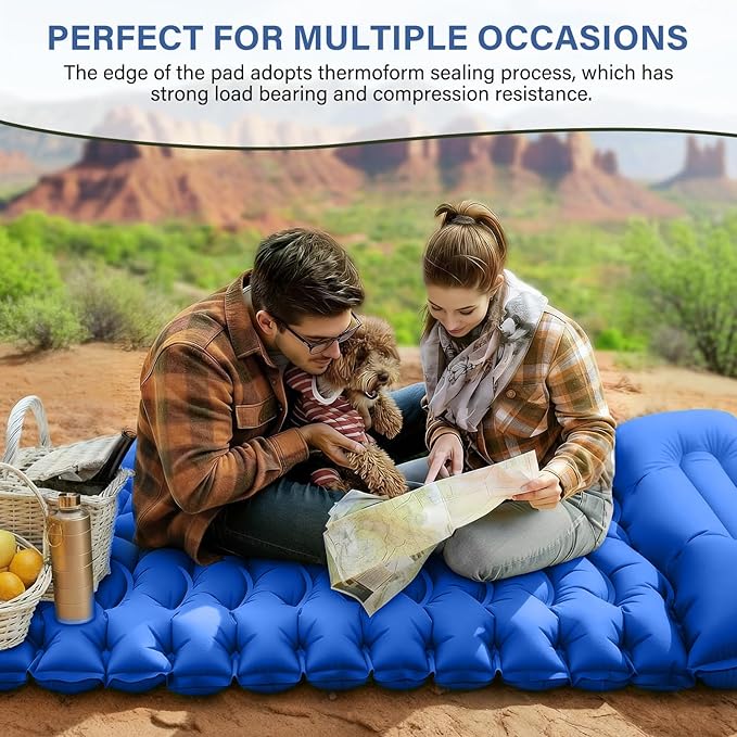 Camping Sleeping Pad with Pillow Built-in Foot Pump Inflatable Sleeping Mat Compact for Camping Backpacking Hiking Traveling - Blue