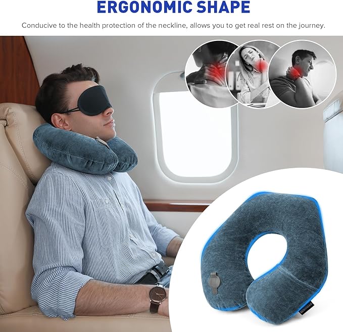 Rewondah Neck Pillows for Travel, Inflatable Travel Pillow, Inflatable Neck Pillow for Traveling Airplane with Soft Velour Washable Cover, U Shape Blow Up Neck Pillow for Airplanes Train Car Travel