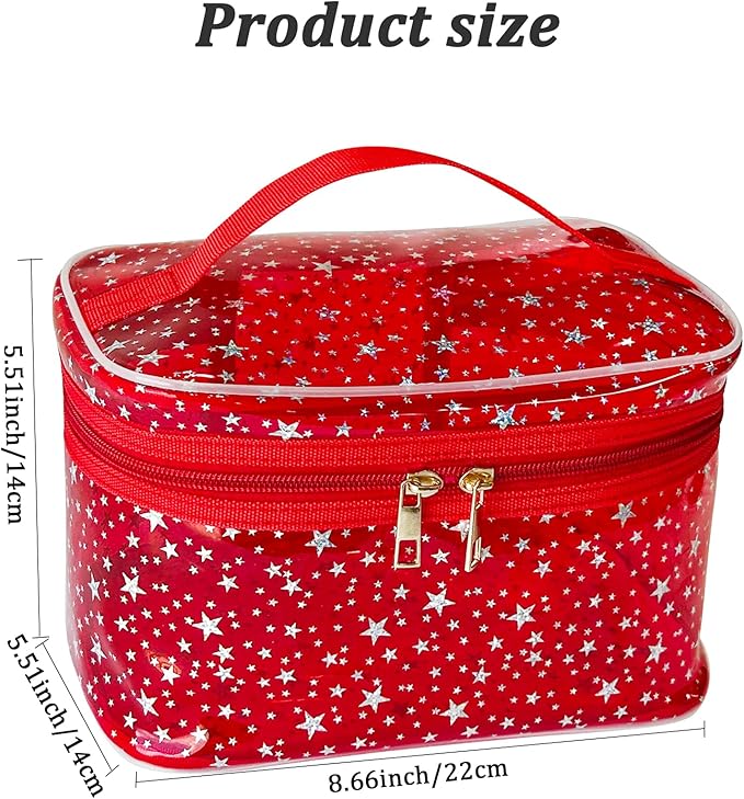 Star Print Red PVC Makeup Bag with Handle - 8.66 * 5.51 * 5.51 inch,Clear Storage Bag Toiletry Pocket Portable Zippered Pouch Waterproof Cosmetic Organizer Bags for Women (Red-L)