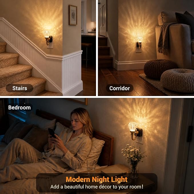 JandCase Night Light, Night Lights Plug into Wall, Crystal LED Nightlight | 0-100 LM Dimmable Nightlights, Dusk to Dawn Sensor, 1W Vintage Rotatable Nite Light for Bathroom Hallway Decor, 1 Pack