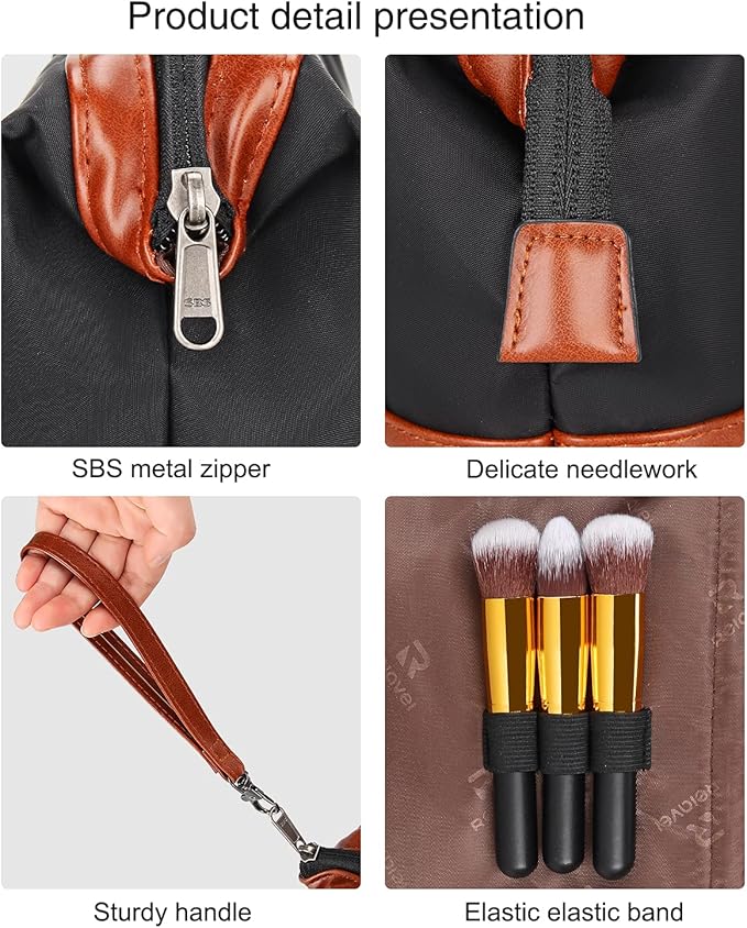 Relavel Travel Makeup Bag, Cosmetic Bag Makeup Organizer Bag Zipper Pouch for Purse Large Capacity Toiletry Bag Portable Waterproof Travel Accessories Skincare Make Up Bag, Brown