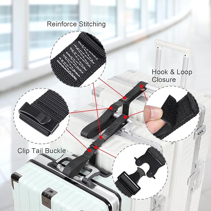 Luggage Straps, Stretchable Luggage Connector Straps for Suitcases, Metal Buckle Add A Bag Adjustable Attachment Accessories Belts (Black-All Metal Buckle, 1.25" W)