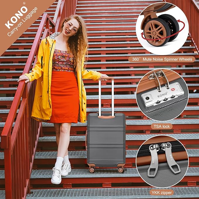 Kono Luggage Set 4 Piece Carry On Hardside Luggage with TSA Lock Spinner Wheels Lightweight PC+ABS Carry On Suitcase Apricot Grey