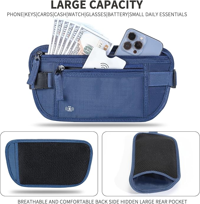 Money Belt for Travel Hidden Travel Pouch Women Men Hidden Rfid Passport Holder for Travel (Dark Blue)