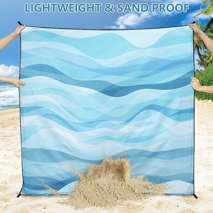 Beach Blanket Waterproof Sandproof Beach Mat for 1-8 Adults Quick Drying Durable Outdoor Picnic Mat for Beach Festival Travel Camping Hiking (Ocean Wave-Multi Blue, 79"×83"(4 Person))
