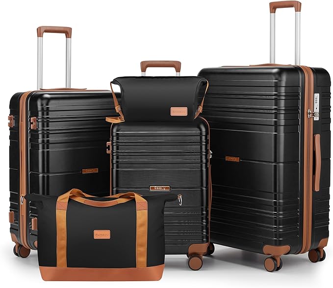 Luggage Sets with spinner wheels, PC+ABS Hard Shell Travel Luggage,Lightweight Carry-on suitcases with TSA Lock,YKK Zippers (Black, 5 piece sets(20/24/28/DB/TB))