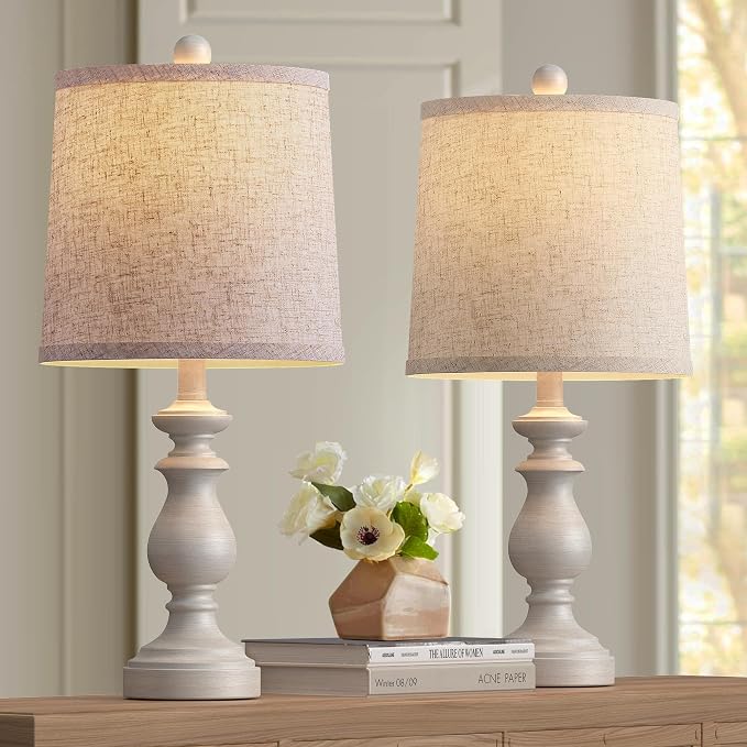 Traditional Table Lamp Set of 2, Rustic Farmhouse Table Lamps for Living Room Bedroom, 22" Bedside Desk Lamps Vintage Nightstand Lamps with Linen Shades, Antique Grey