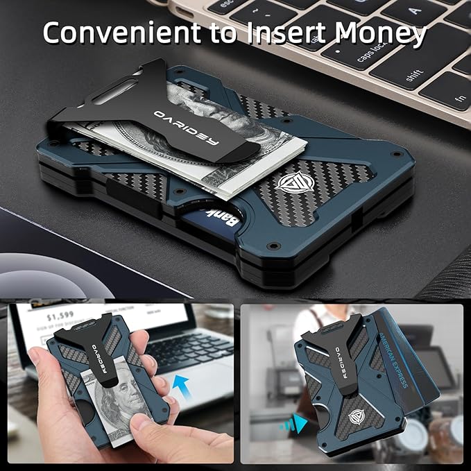 Minimalist Wallet for Men- Slim Aluminum Metal Money Clip Wallet with Clear ID Card Holder, Carbon Fiber Wallet, RFID Blocking, Holds up 15 Cards with Cash Clip, Ultra-Thin Tactical Wallet-Navy Blue