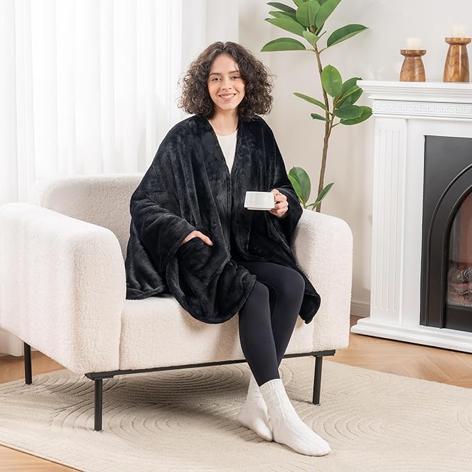 Berkshire Blanket Primalush™ Wearable Blanket, Cozy Loungewear Pocketed Plush Cape Wrap for Adults & Teens(Black, One Size 58"X64")