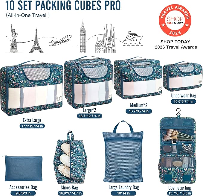 Veken 10 Set Packing Cubes for Travel Essential, Suitcase Organizer Bags in 4 Sizes, Carry-On Luggage Accessories with Large Laundry & Hanging Toiletry Bag, Must-Have for Airplane, Road Trip & Camping