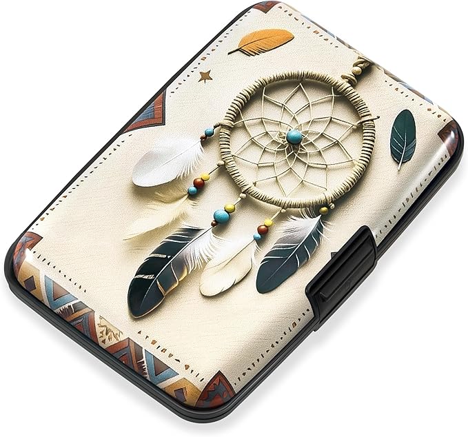 Mayski Credit Card Holder, RFID Blocking, Aluminum Alloy Hard Case, Small Mini Business Metal Wallet for Women Men, Boho Feathers