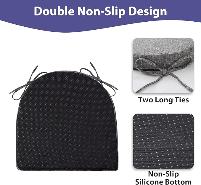 Chair Cushions for Dining Chairs with Ties and Removable Cover, Dining Kitchen Chair Pads with Non-Slip Bottom, High-Resilience Indoor Seat Cushions, 16'' x 16'' x 2'', Set of 4, Dark Grey