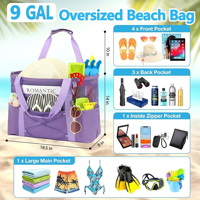 Fammart Mesh Beach Bag, Large Beach Tote with Zipper Pocket, Toys Pool Bag for Family Travel Vacation Cruise Essentials