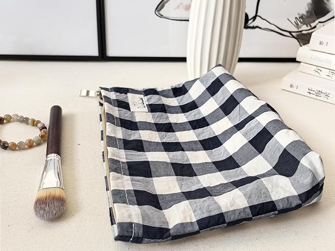 HAPPYHEIDI Large Cotton Black White Checker Makeup Bag with Compartment Cosmetic Toiletry Travel Pouch,Purse Accessory Organizer,Canvas Lined