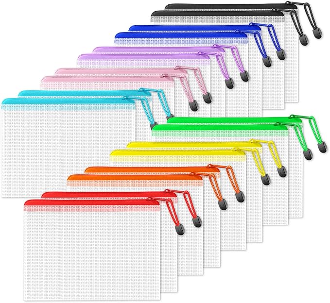SUNEE Plastic Mesh Zipper Pouch 6.8x9.2 in (9 Colors, 18 Packs),Extra Large Water-Resistant Zip Bag for School Office Supplies, Puzzles & Games Organizing Storage