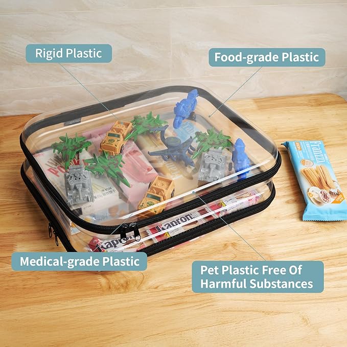 YQBRAO Hard Sided Clear Zipper Case for Storage- Professional-Grade Plastic Clear Zipper Pencil Case,Toy Storage Bins, Toiletry Pouch, Travel Organizer, Cosmetic Bag（Black,2 Pack, L）