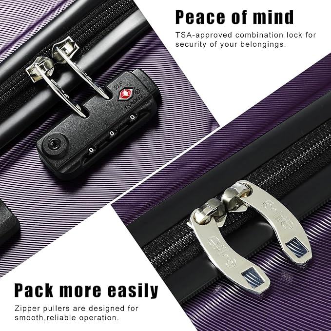 Coolife Luggage 3 Piece Set Suitcase Spinner ABS+PC Hardshell Lightweight TSA Lock USB Port, 20in 24in 28in Carry on Expandable (only 28’’), Purple