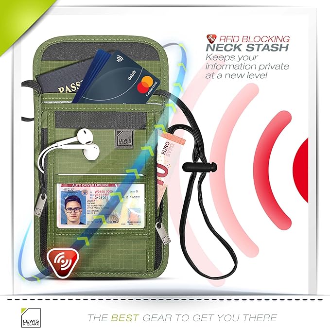 Lewis N. Clark Men's RFID Blocking Stash Wallet, Travel Neck Pouch Passport Holder for Women & Men, Olive, One Size