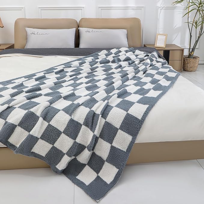 bearberry Fuzzy Checkerboard Grid Throw Blanket Knitted Soft Cozy Warm Microfiber Blanket Decor for Couch Sofa Bed Travel Home (Charcoal Grey, 60''x80'')