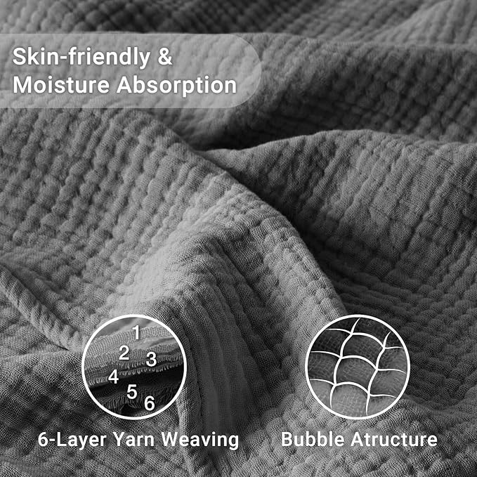 100% Cotton Muslin Blanket 50" x 60", Breathable and Lightweight Cotton Throw Blankets for Couch, Soft Cooling Summer Gauze Blanket for Adults All Season, Charcoal Grey