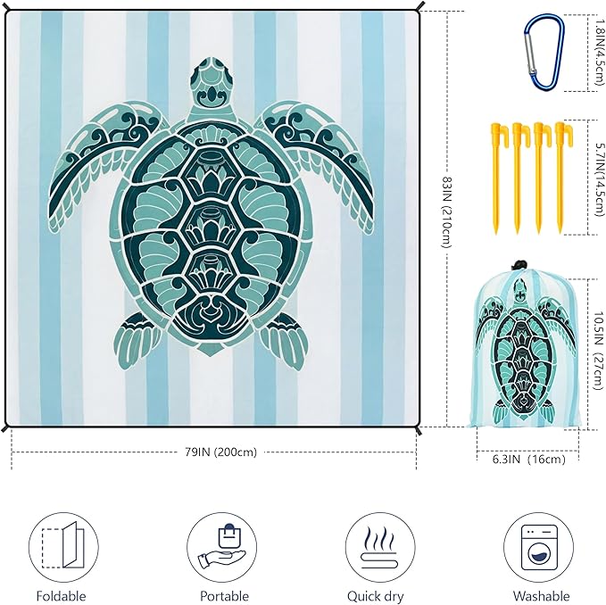 Beach Blanket Waterproof Sandproof Beach Mat 79”x 83” for 1-8 Adults Quick Drying Durable Outdoor Picnic Mat for Beach Festival Travel Camping Hiking (GN-Stripes Seaturtle, 79"×83"(4 Person))