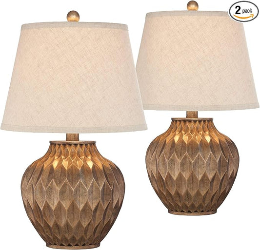 Buckhead Warm Bronze Brown 22" High Table Lamps Set of 2 Geometric | Small Urn Traditional Living Room Bedroom House Bedside Nightstand Home Office Family Tapered Drum Shade