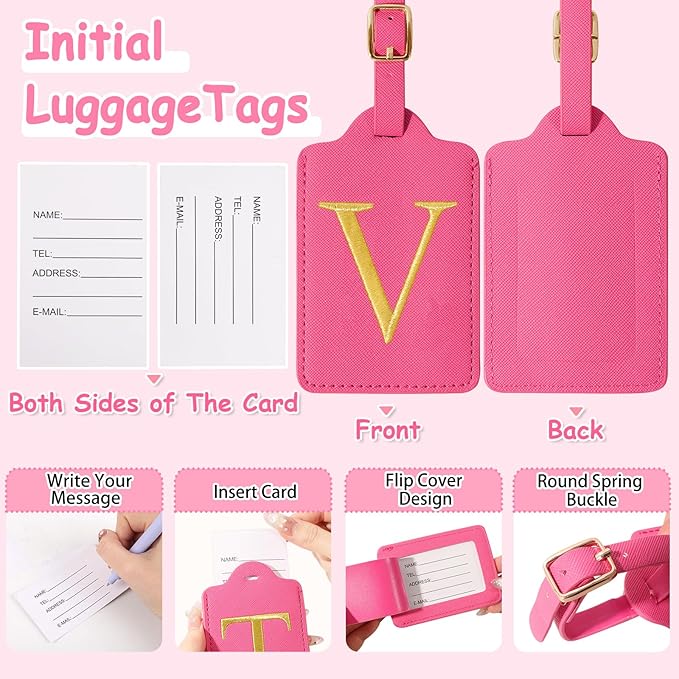 Unique Initial Letter Luggage Tags for Suitcases, Monogrammed Suitcase Luggage Identifier Tag,PU Leather TSA Approved Luggage Tags,Bag Tags for Men Women Kids Luggage Baggage(Rosered V)