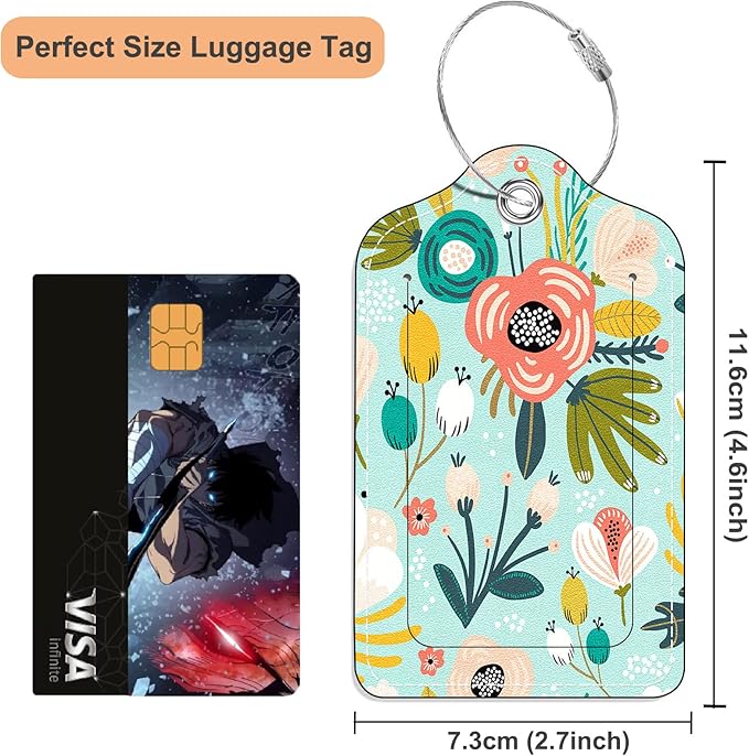 Luggage Tags, (Set of 2) PU Leather Suitcase Tags, Identifiers Privacy Cover ID Label with Stainless Steel Loop and Address Card for Travel Bag Suitcase (L- Floral Green)