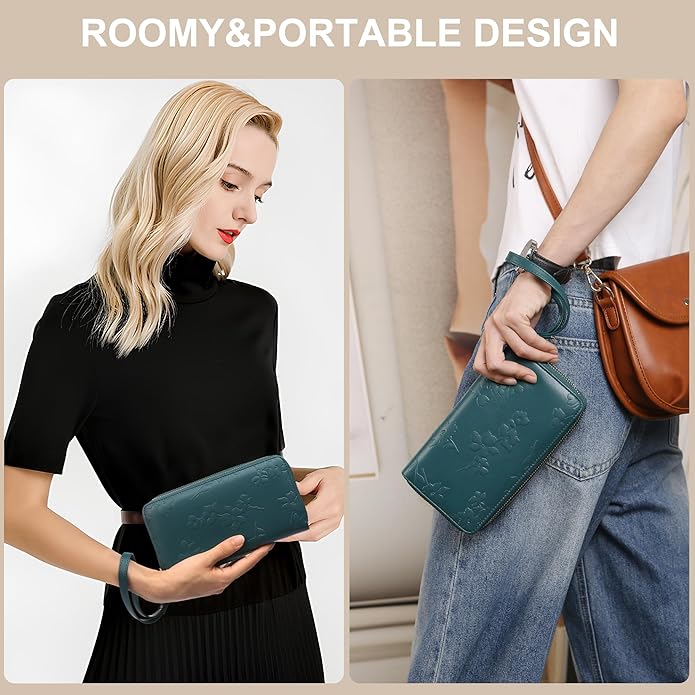 yiijay Womens Wallet RFID Blocking Large Capacity Vegan Leather Double Zip Wristlet Wallet Card Holder Travel Ladies Clutch